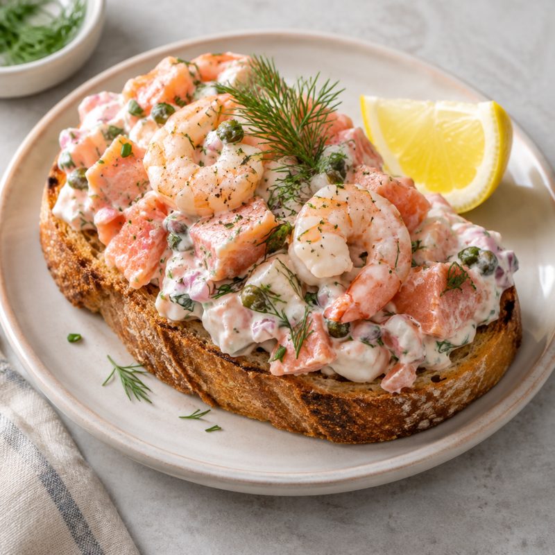 Creamy Shrimp and Smoked Salmon Toast Skagen