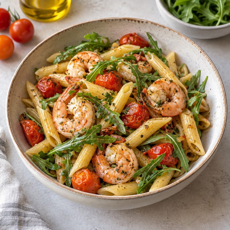 Garlic Shrimp Penne with Arugula