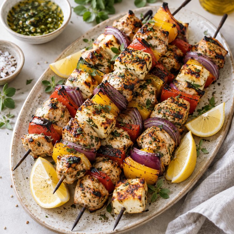 Greek Grilled Chicken and Halloumi Skewers