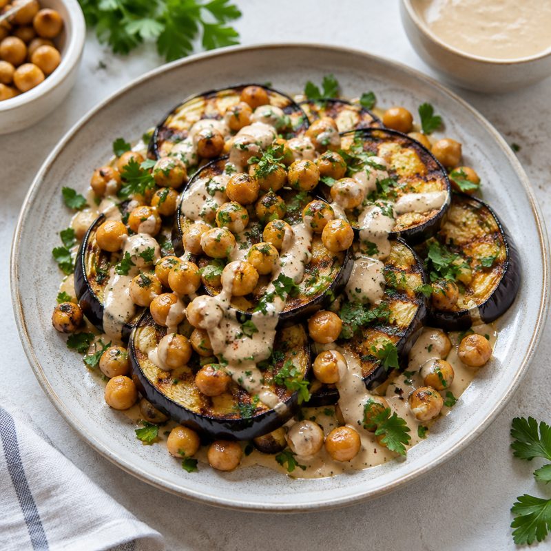 Charred Eggplant and Chickpea Salad with Tahini
