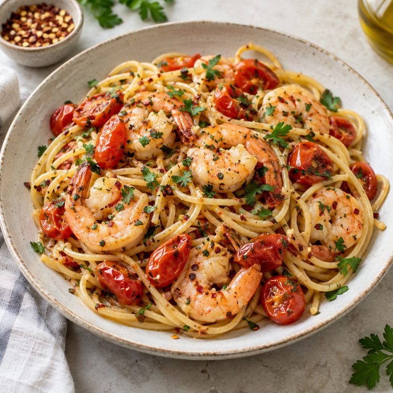 Garlic & Cherry Tomato Shrimp Spaghetti