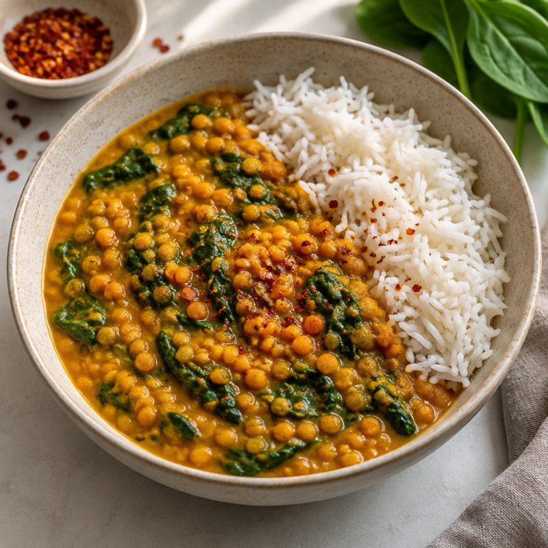 Indian Spiced Red Lentil Dal with Spinach