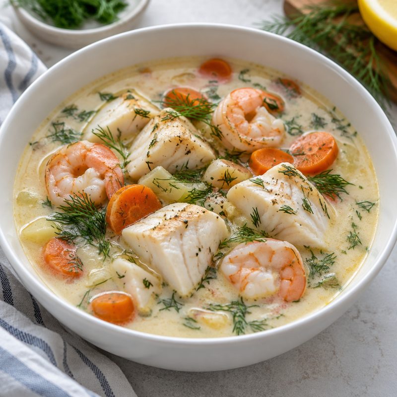 Creamy Swedish Fish Soup with Cod and Shrimp