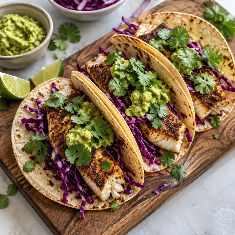 Mexican Spiced Fish Tacos with Cabbage & Avocado