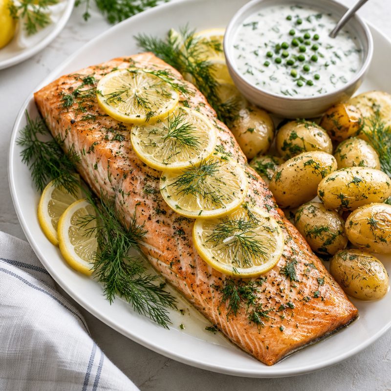 Midsummer Herb Roasted Salmon with Chive Sour Cream