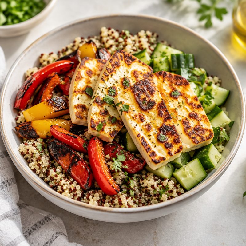 Crispy Halloumi and Roasted Pepper Quinoa Bowl