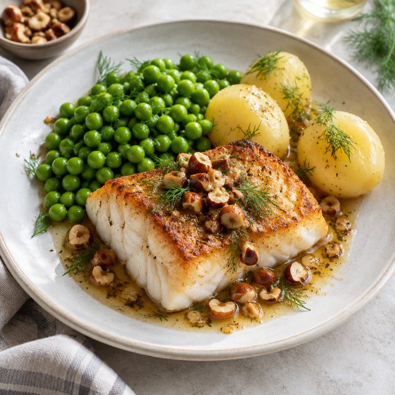 Pan-Fried Cod with Brown Butter, Peas and Potatoes