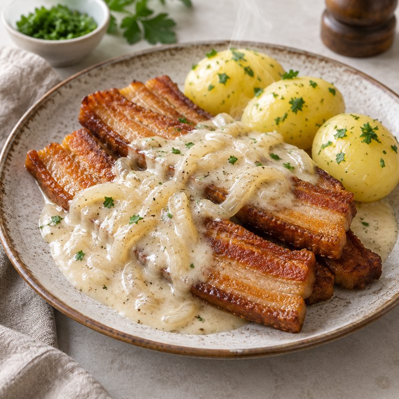 Crispy Pork Belly with Creamy Onion Sauce